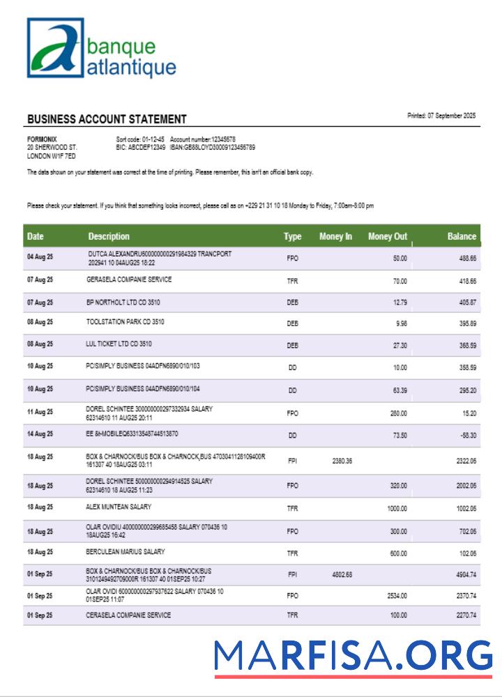 Blank Banque Atlantique business firm statement Word and PDF format sample